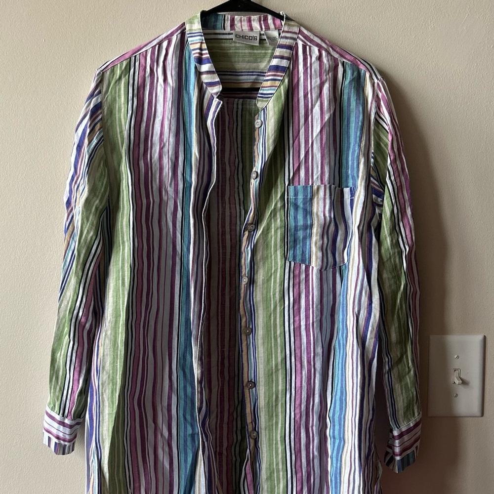 Chicos size 1 women’s 8 medium linen tunic button down blouse shirt long